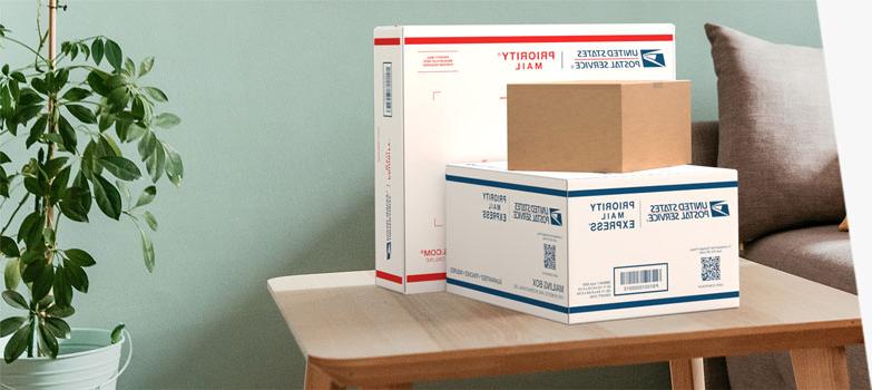 Domestic mail and shipping service product boxes sitting on a table.